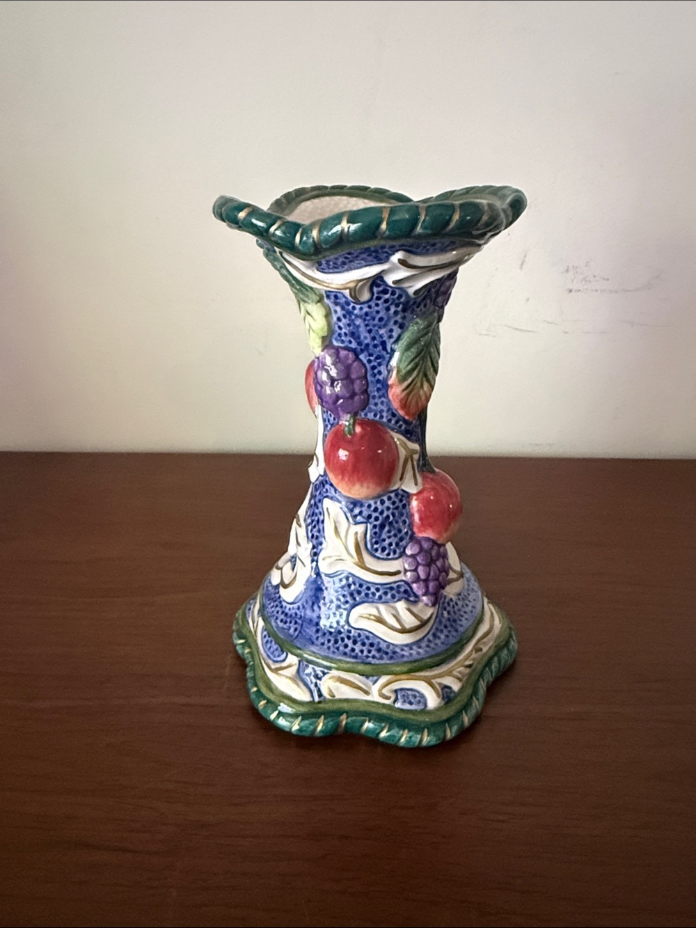 Hand-Painted Fruit Motif Ceramic Candle Holder - Blue & Green